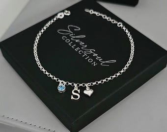 Sterling Silver Initial Bracelet, Birthstone Bracelet, Heart Bracelet, Adjustable Bracelet, Initial and Birthstone Bracelet, Personalised
