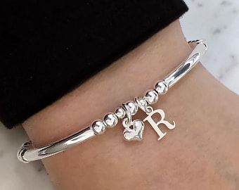 Sterling Silver Initial Heart Charm Bracelet, Silver Bracelet, Initial Bracelet, Stretch Bracelet, Beaded Bracelet, Silver Stretch Bracelet,