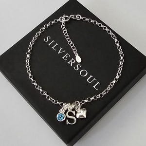 Pulsera de plata de ley con inicial, pulsera con piedra de nacimiento, pulsera de corazón, pulsera ajustable, pulsera con inicial y piedra de nacimiento, personalizada