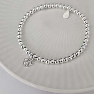 Pulseira elástica de prata esterlina, zircônia cúbica, pulseira com pingente de coração, pulseira, pulseira de prata, pulseira com pingente, pulseira de contas, 925