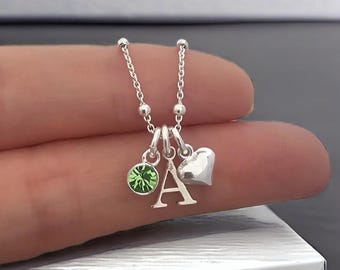 Initial Necklace, Birthstone Necklace, Heart, Sterling Silver, Initial, Birthstone, Sterling Silver Necklace Personalised Necklace, 925,