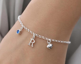 Sterling Silver Initial Bracelet, Birthstone Bracelet, Heart Bracelet, Adjustable Bracelet, Initial and Birthstone Bracelet, Personalised