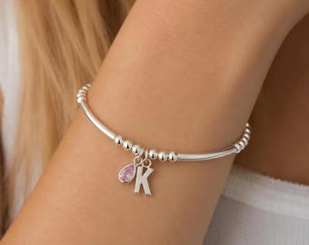 Sterling Silver Initial, Birthstone Bracelet, Silver Bracelet, Initial Bracelet, Stretch Bracelet, Beaded Bracelet, Silver Stretch Bracelet,
