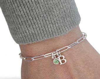 Papercliparmband, initiaalarmband, geboortesteenarmband, paperclip, schakelarmband, zilveren papercliparmband, 925, sterlingzilver
