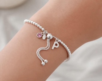 Sterling Silver Initial and Birthstone Charm Bracelet, Personalised Bracelet, Adjustable Beaded Bracelet, 925