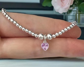 Sterling Silver Bracelet, Heart Birthstone Bracelet, Stretch Bracelet, Heart charm Bracelet, Personalised Bracelet, Beaded Bracelet