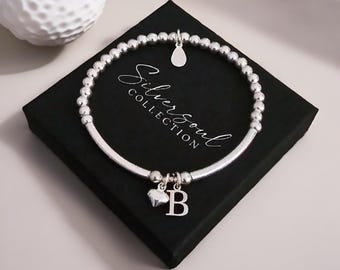 Sterling Silver Initial, Heart Bracelet, Silver Bracelet, Initial Bracelet, Stretch Bracelet, Beaded Bracelet, Silver Stretch Bracelet,