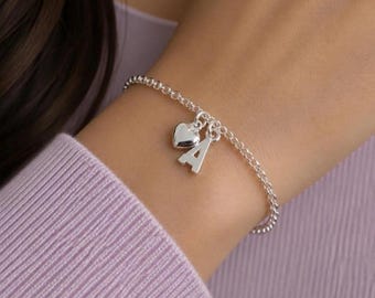 Initial Bracelet, Sterling Silver, Heart Charm Bracelet, Adjustable Bracelet, Silver Heart Charm Bracelet, Personalised Bracelet, Silver