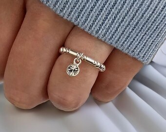 Sterling Silver Stacking Ring, Band Ring, Beaded Stretch Stacking Ring, Birthstone Charm Ring, Stacking Ring, Birthstone Ring, 925