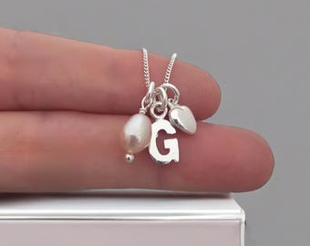 Sterling Silver Initial Necklace, Heart Charm, Pearl Charm Necklace, Curb Chain, Personalised Necklace, Charm Necklace, Gift For Her