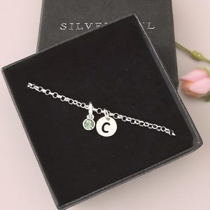 Sterling Silver Initial Bracelet, Birthstone Bracelet, Birthday Bracelet, Adjustable Bracelet, Initial and Birthstone Bracelet, Personalised