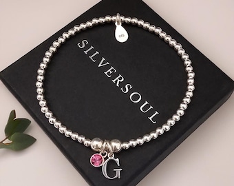 Sterling Silver Initial Birthstone Stretch Bracelet, Initial Charm Bracelet, Bracelet, For Her, Silver Birthstone Bracelet, Personalised