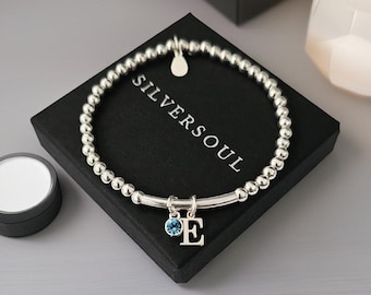 Initial Birthstone Bracelet, Initial Bracelet, Stretch Bracelet, Birthstone Bracelet, Personalised Bracelet, Beaded Bracelet Sterling Silver