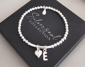 Initial Stretch Bracelet, Heart Charm Initial Bracelet,  Heart Stretch Bracelet, Personalised Bracelet, Beaded Bracelet Sterling Silver