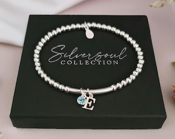 Initial Birthstone Bracelet, Initial Bracelet, Stretch Bracelet, Birthstone Bracelet, Personalised Bracelet, Beaded Bracelet Sterling Silver