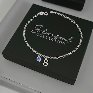 Pulsera de plata de ley con inicial, pulsera con piedra de nacimiento, pulsera de cumpleaños, pulsera ajustable, pulsera con inicial y piedra de nacimiento, personalizada
