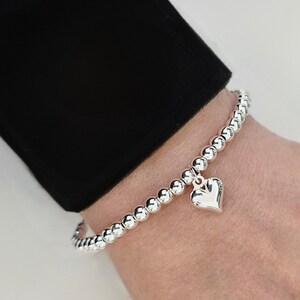 Pulseira de prata esterlina, pulseira com pingente de coração, pulseira elástica, pulseira de prata, pulseira com pingente, pulseira de contas,