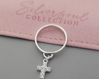 Cross Ring Charm Sterling Silver Ring, Cubic Zirconia Ring 925 Sparkly