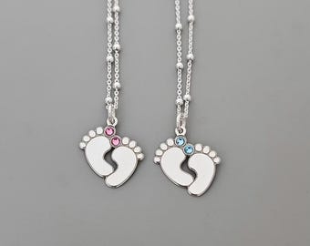 Baby Feet Charm Sterling Silver Necklace, Pink, Blue Crystal Charm, New Mum Gift 925