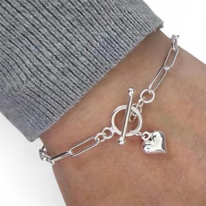 Pulsera de clip de plata esterlina, dije de corazón, eslabón de clip, pulsera con cierre de palanca, pulsera de corazón de clip, pulsera de plata, para mujer, imagen 5