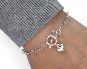 Sterling Silver Paperclip Bracelet, Heart Charm, Paperclip Link, Toggle Clasp Bracelet, Paperclip Heart Bracelet, Silver Bracelet, women’s,