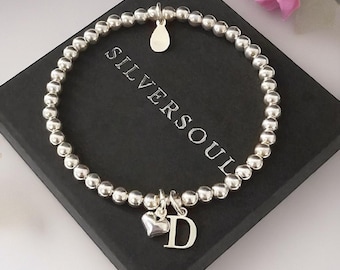 Sterling Silver Bracelet, Initial Heart Bracelet, Stretch Bracelet, Gift For Her, Birthday Bracelet, Personalised Bracelet, Beaded Bracelet,