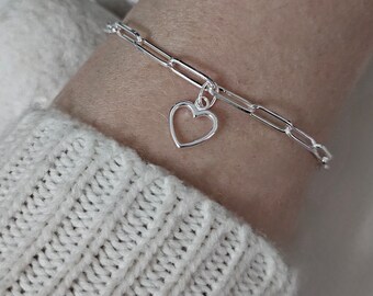 Sterling Silver Open Heart Charm Paperclip Link Bracelet