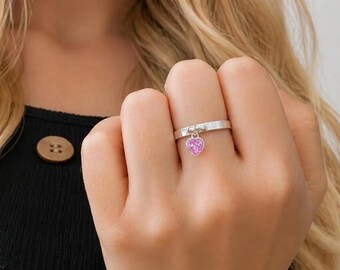 Birthstone Ring Heart Charm Sterling Silver Ring, Personalised Ring 925