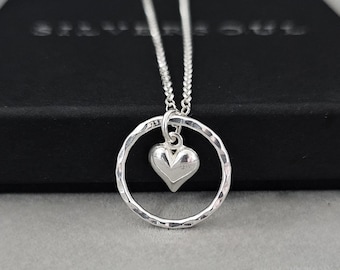 Sterling Silver Heart Charm Necklace, Hammered Ring Charm Necklace 925, Sterling Silver