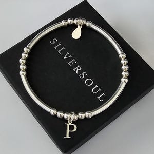 Sterling Silver Initial Bracelet, Silver Bracelet, Initial Bracelet, Charm, Stretch Bracelet, Beaded Bracelet, Silver Stretch Bracelet,