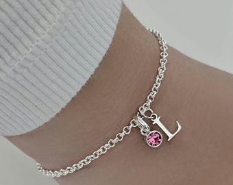 Initial Bracelet, Birthstone Bracelet, Birthday Bracelet, Chain Bracelet, Initial and Birthstone Bracelet, Bracelet, Sterling Silver, Anklet