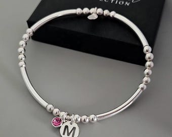 Sterling Silver Initial, Birthstone Bracelet, Silver Bracelet, Initial Bracelet, Stretch Bracelet, Beaded Bracelet, Silver Stretch Bracelet,