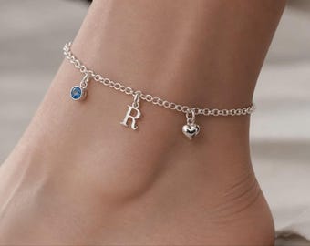 Initial, Heart and Birthstone Sterling Silver Anklet, Personalised Anklet, 925, Initial Charm, Birthstone Charm, Heart Charm Gift