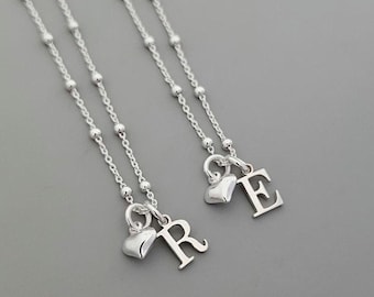 Sterling Silver Initial Necklace, Heart Charm Necklace, Satellite Chain, Personalised Necklace, Charm Necklace, Gift For Her, Monogram