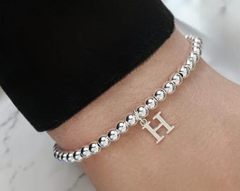 Bransoletka ze srebra próby 925, Bransoletka z inicjałem, Bransoletka rozciągliwa, Prezent dla niej, Bransoletka urodzinowa, Bransoletka spersonalizowana, Bransoletka koralikowa,