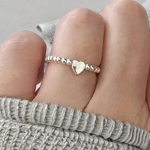 Beaded Stretch Ring, Sterling Silver Heart Stretch Ring, Stretch Ring, Heart Charm Ring, Beaded Ring, Sterling Silver Ring, Heart Ring