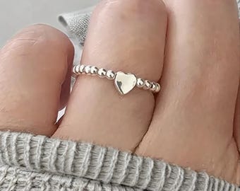 Anillo elástico con cuentas, anillo elástico con corazón de plata de ley, anillo elástico, anillo con dije de corazón, anillo con cuentas, anillo de plata de ley, anillo de corazón