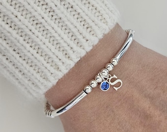 Sterling Silver Initial, Birthstone Bracelet, Silver Bracelet, Initial Bracelet, Stretch Bracelet, Beaded Bracelet, Silver Stretch Bracelet,