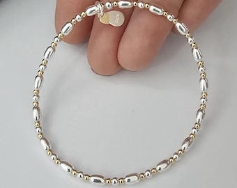 Pulsera elástica con cuentas, cuentas ovaladas y redondas de plata de ley, pulsera, plata de ley, pulsera, 925