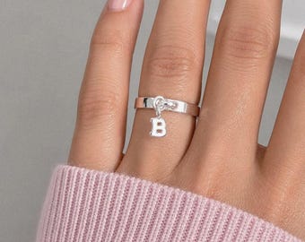 Initial Ring Charm Sterling Silver Ring, Personalised Ring 925