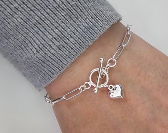 Sterling Silver Paperclip Bracelet, Heart Charm, Paperclip Link, Toggle Clasp Bracelet, Paperclip Heart Bracelet, Silver Bracelet, women’s,