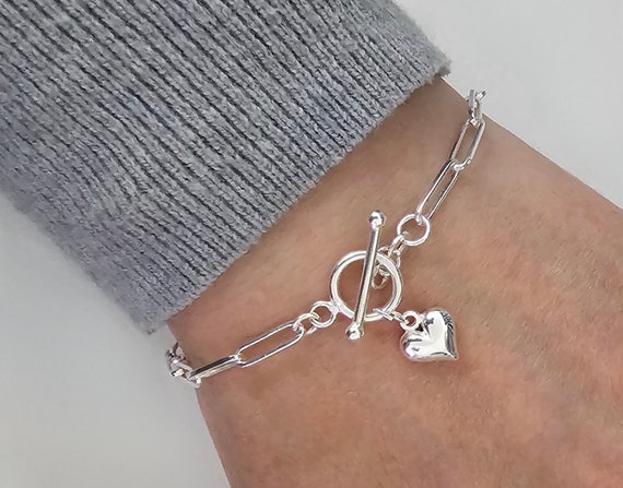 Sterling Silver Paperclip Bracelet, Heart Charm, Paperclip Link, Toggle Clasp Bracelet, Paperclip Heart Bracelet, Silver Bracelet, women’s,