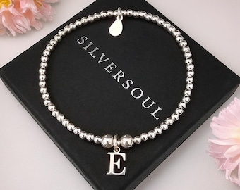 Initial Stretch Bracelet, Sterling Silver Bracelet, Stretch Bracelet, Gift For Her, Initial Bracelet, Personalised Beaded Bracelet,