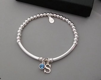 Sterling Silver Initial, Birthstone Bracelet, Silver Bracelet, Initial Bracelet, Stretch Bracelet, Beaded Bracelet, Silver Stretch Bracelet,