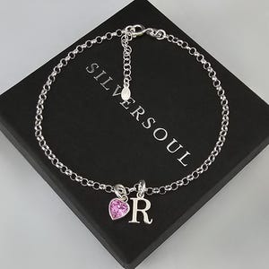 Sterling Silver Initial Birthstone Heart Bracelet, Birthstone Bracelet, Bracelet, Adjustable Bracelet, Birthstone Bracelet, Personalised