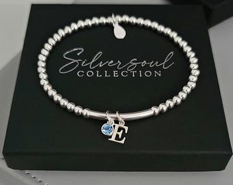 Initial Birthstone Bracelet, Initial Bracelet, Stretch Bracelet, Birthstone Bracelet, Personalised Bracelet, Beaded Bracelet Sterling Silver