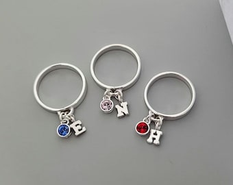 Initial Ring, Birthstone Charm Sterling Silver Ring, Personalised Ring 925