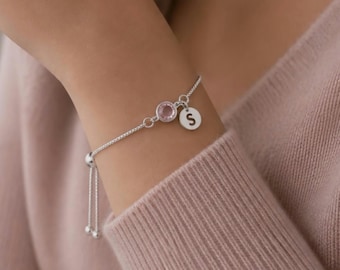 Sterling Silver Initial Bracelet, Birthstone Bracelet, Connector Charm, Adjustable Bracelet, Initial and Birthstone Bracelet, Personalised