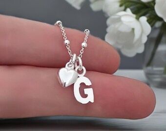 Initial Charm, Heart Charm Sterling Silver Necklace, Personalised Necklace, 925 Sateliite Chain, Personalised Gift