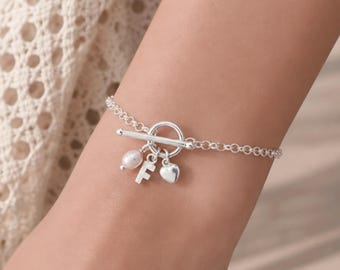Initial, Heart and Pearl Sterling Silver Bracelet, Personalised Bracelet, 925, Initial Charm, Pearl Charm, Heart Charm Gift